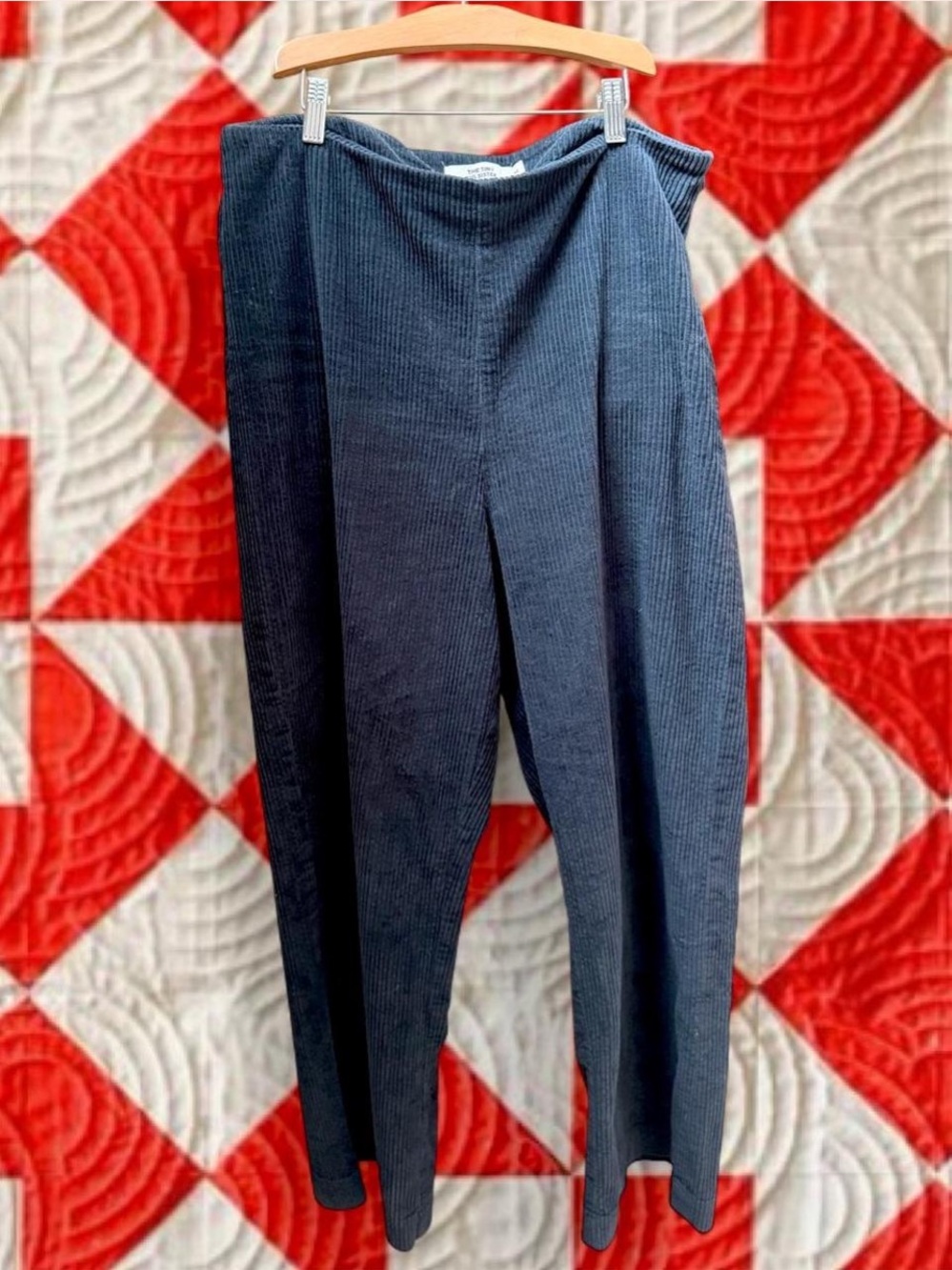 High-Rise Navy Ribbed Wide-Leg Trousers